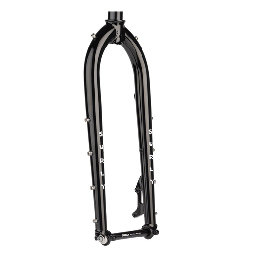 Surly Dinner Fork black Chromoly steel rigid bicycle fork with 3-pack accessory mounts and disc brake mounts, available in 420mm and 485mm axle-to-crown lengths.